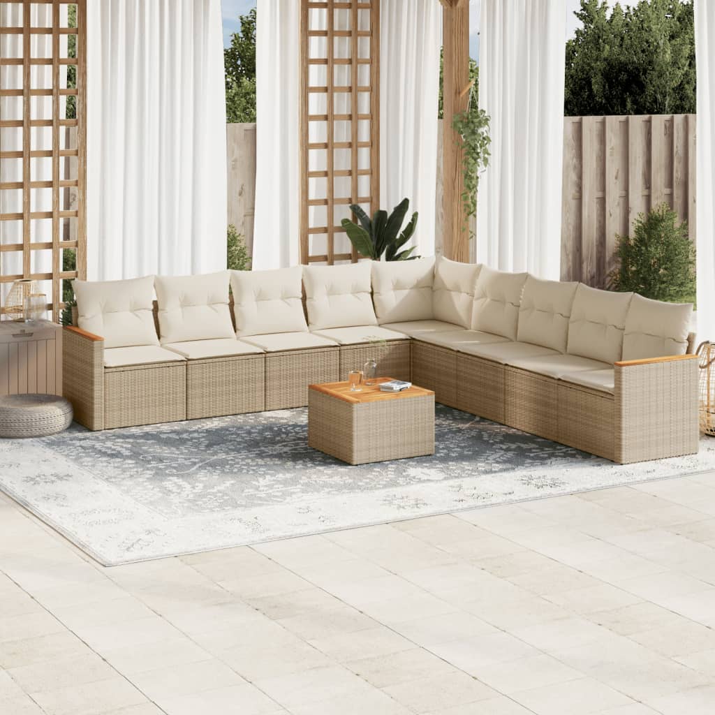 10-delige Loungeset met kussens poly rattan beige – afbeelding 1
