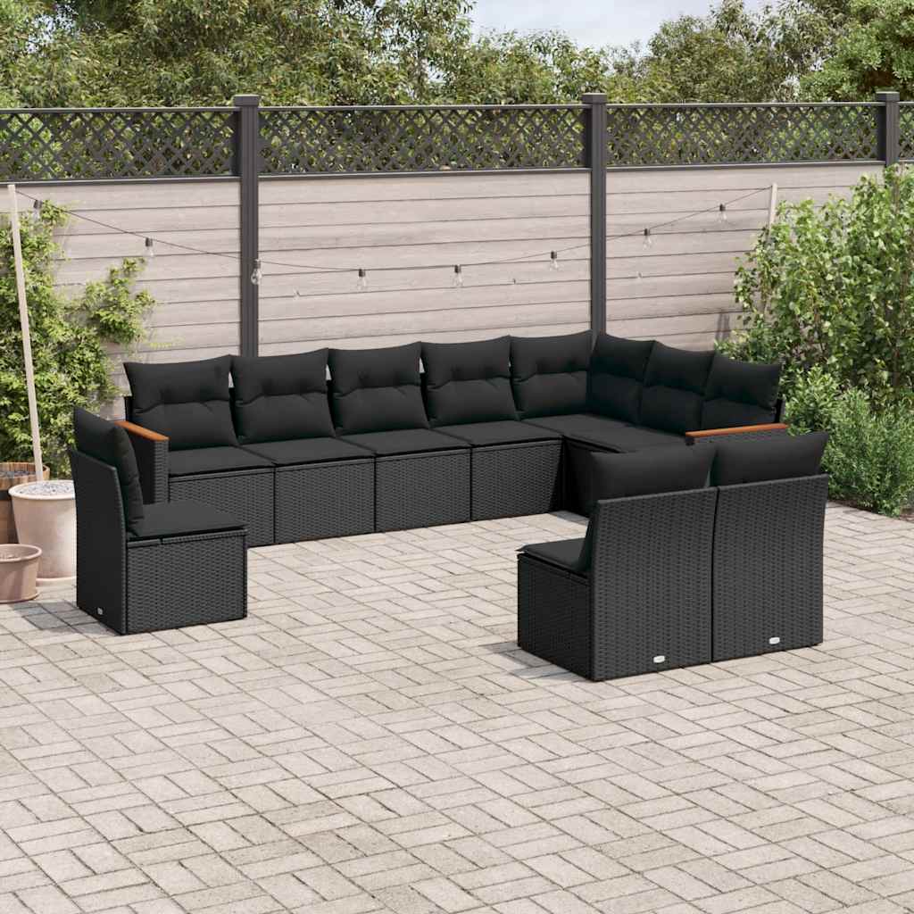10-delige Loungeset met kussens poly rattan zwart – afbeelding 1