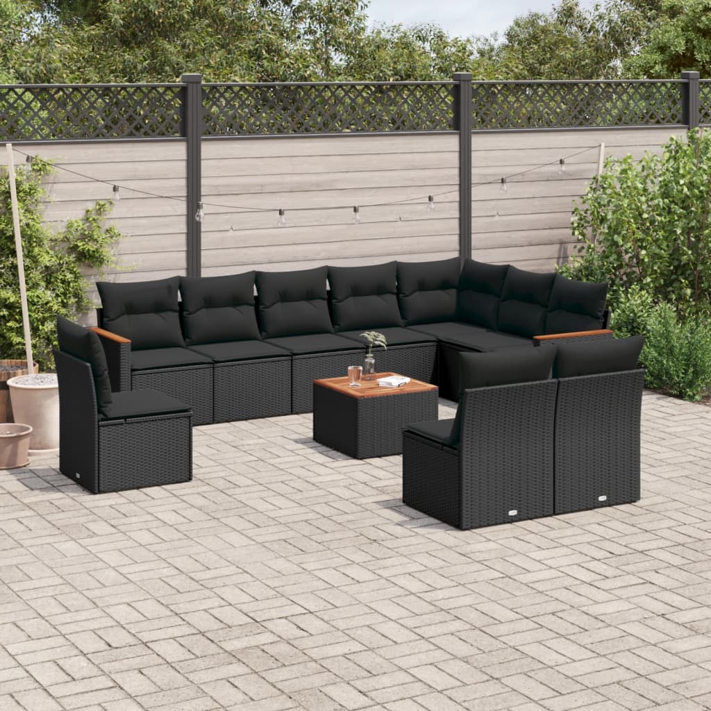 11-delige Loungeset met kussens poly rattan zwart – afbeelding 1