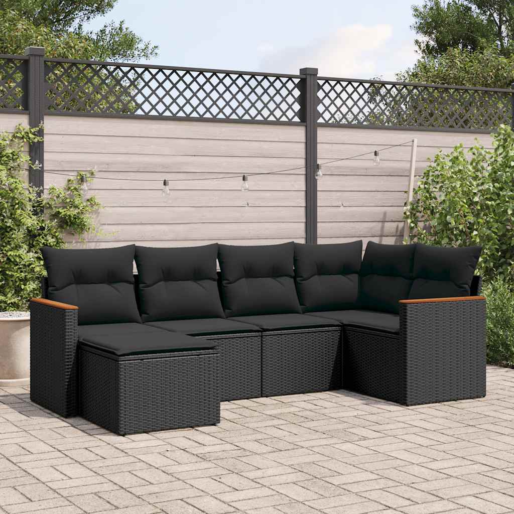 6-delige Loungeset met kussens poly rattan zwart – afbeelding 1