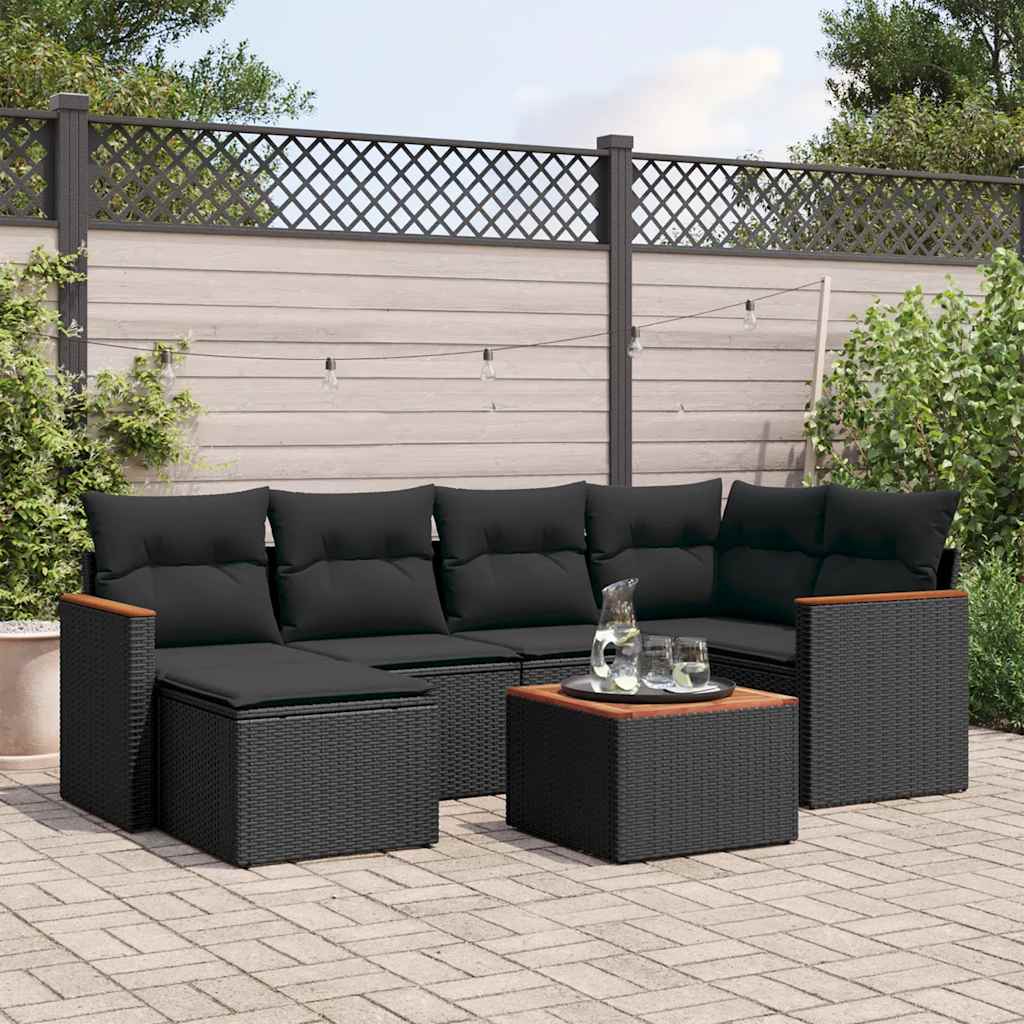 7-delige Loungeset met kussens poly rattan zwart – afbeelding 1