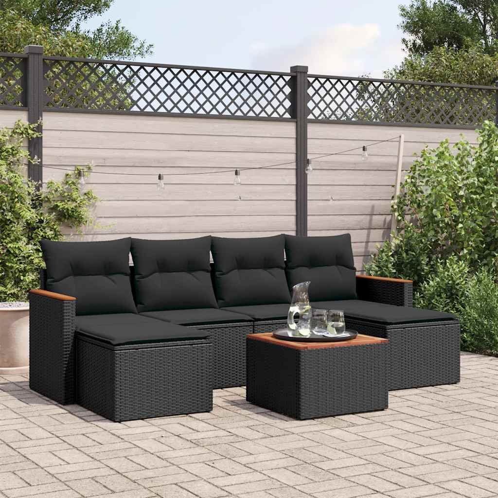 7-delige Loungeset met kussens poly rattan zwart – afbeelding 1