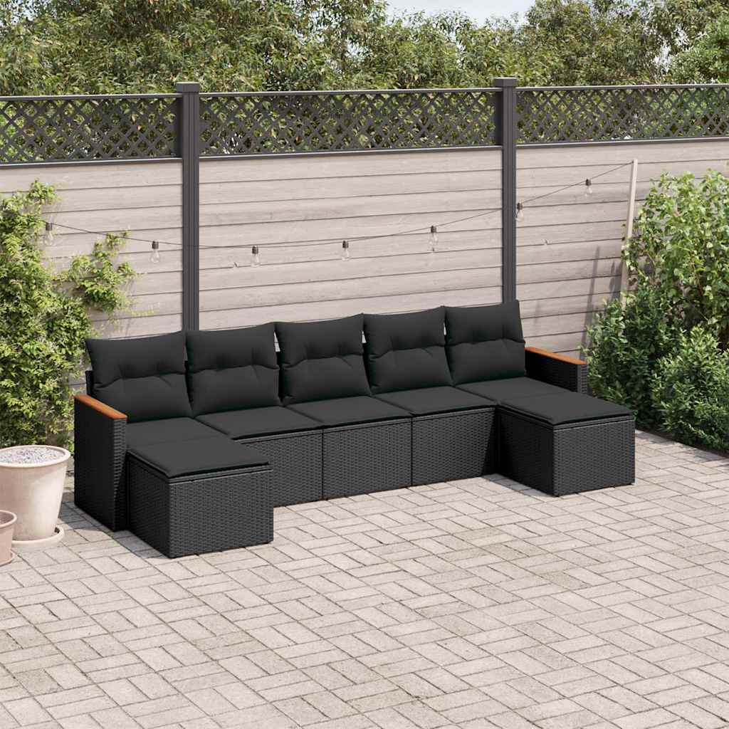 7-delige Loungeset met kussens poly rattan zwart – afbeelding 1
