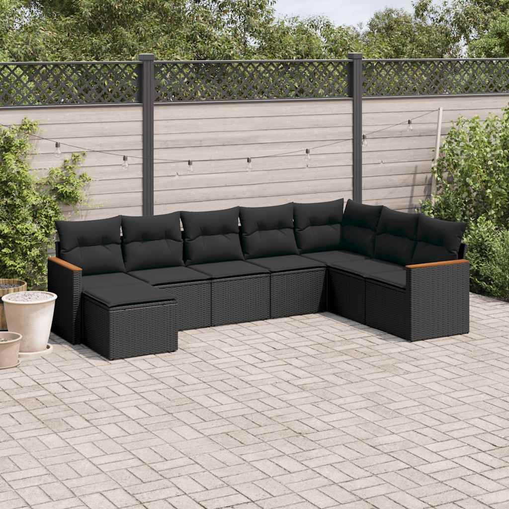 8-delige Loungeset met kussens poly rattan zwart – afbeelding 1