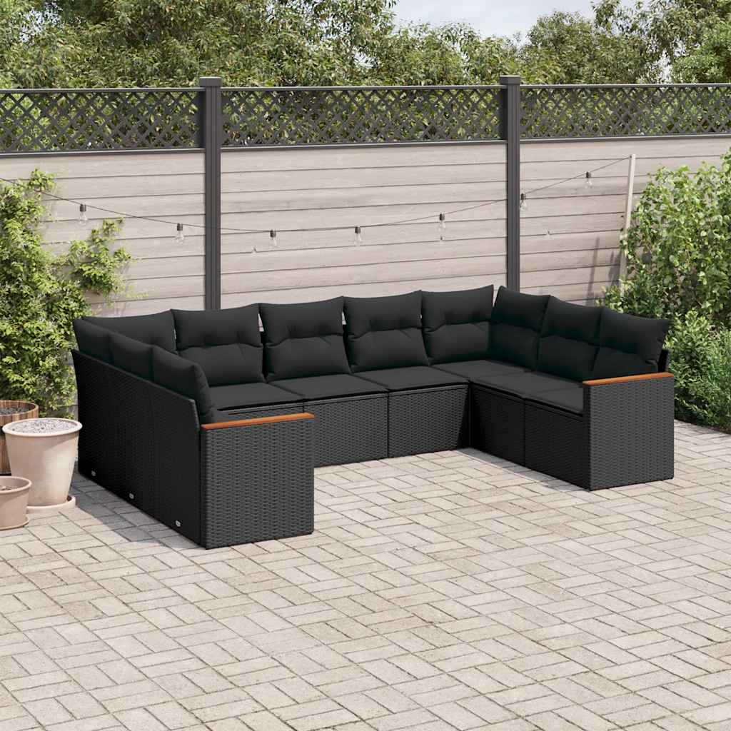 9-delige Loungeset met kussens poly rattan zwart – afbeelding 1