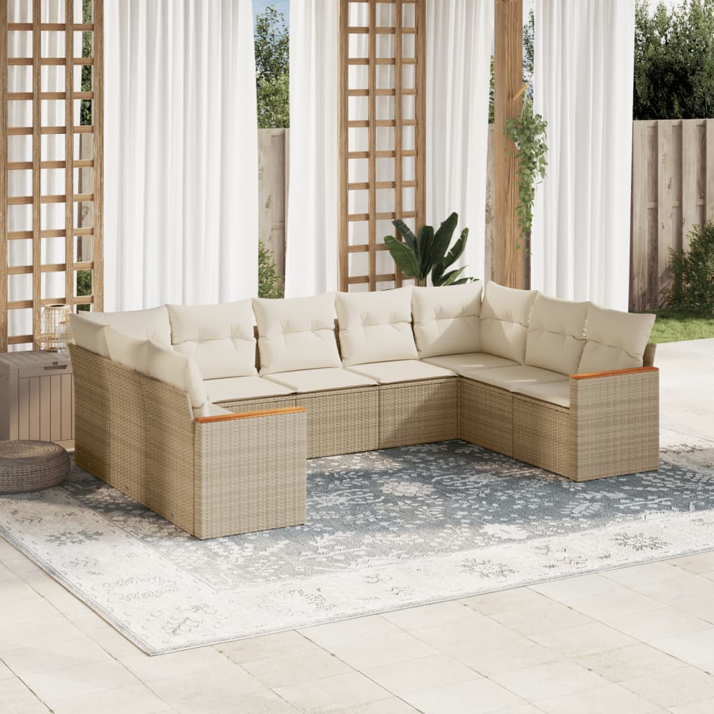 9-delige Loungeset met kussens poly rattan beige – afbeelding 1