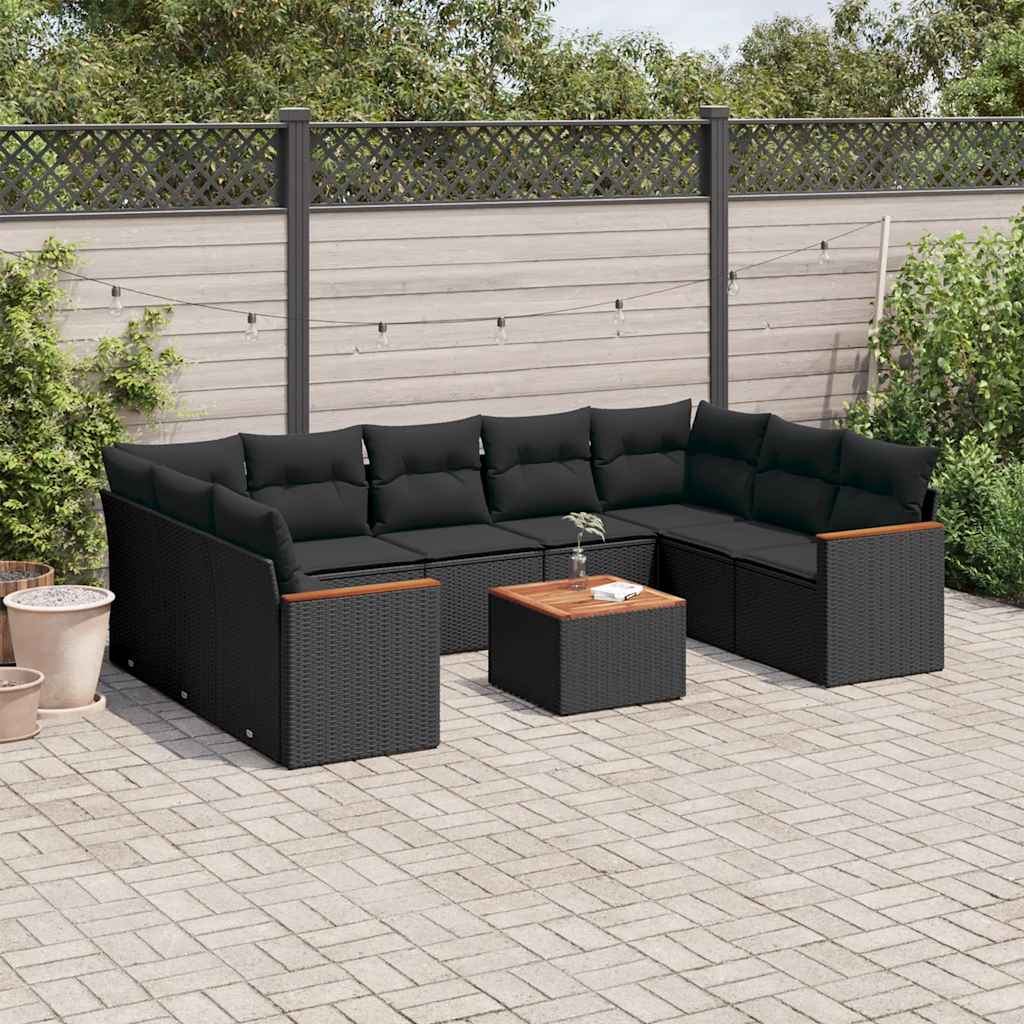 10-delige Loungeset met kussens poly rattan zwart – afbeelding 1