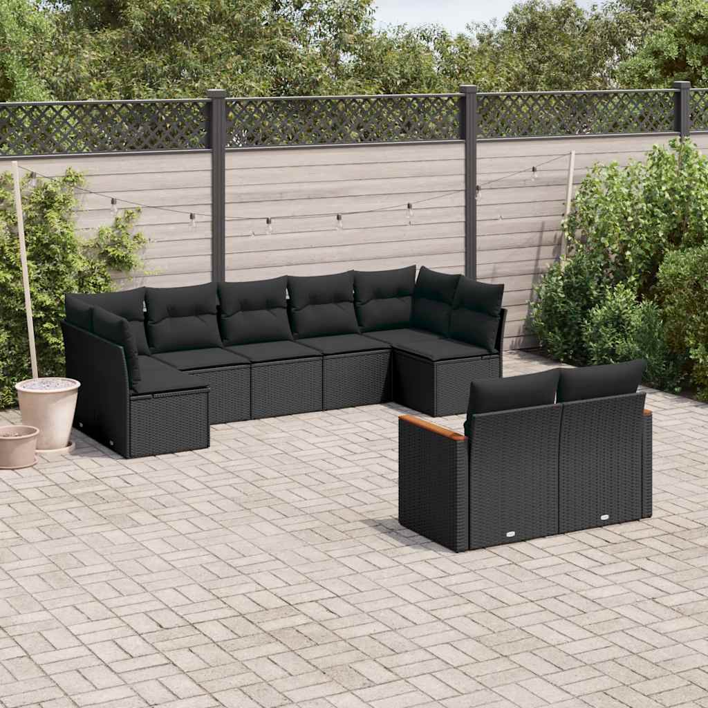 9-delige Loungeset met kussens poly rattan zwart – afbeelding 1