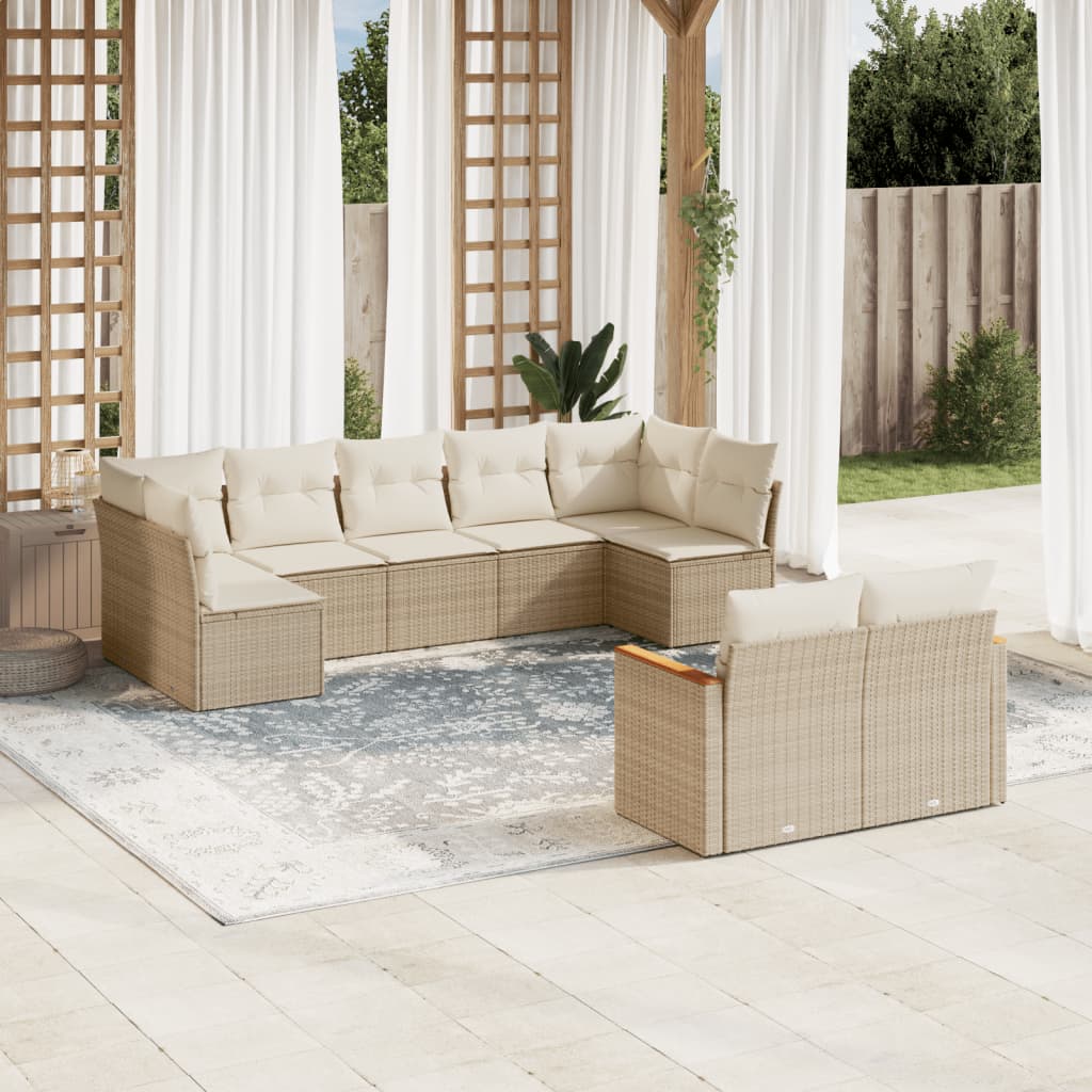 9-delige Loungeset met kussens poly rattan beige – afbeelding 1