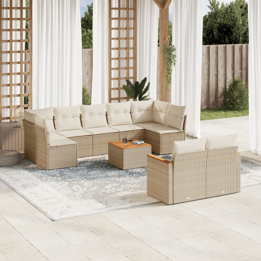 10-delige Loungeset met kussens poly rattan beige – afbeelding 1