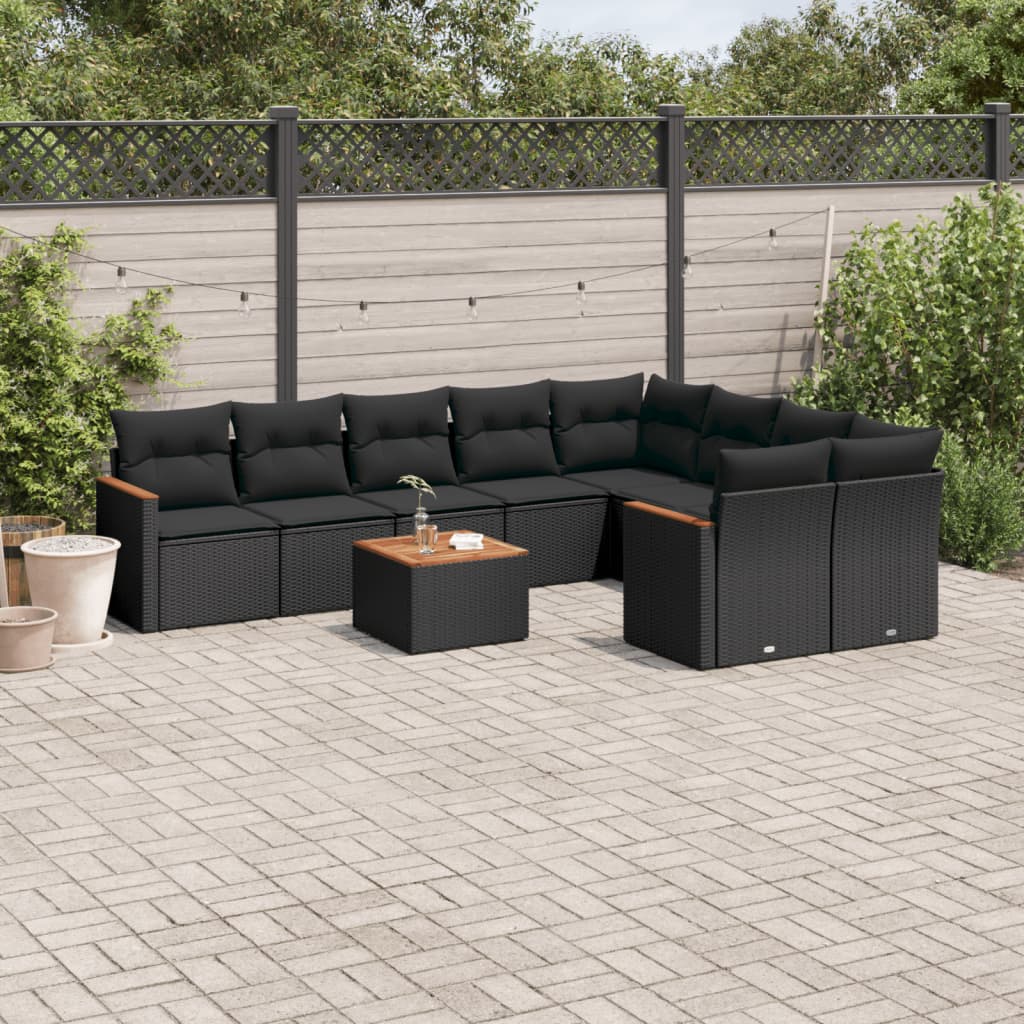 10-delige Loungeset met kussens poly rattan zwart – afbeelding 1
