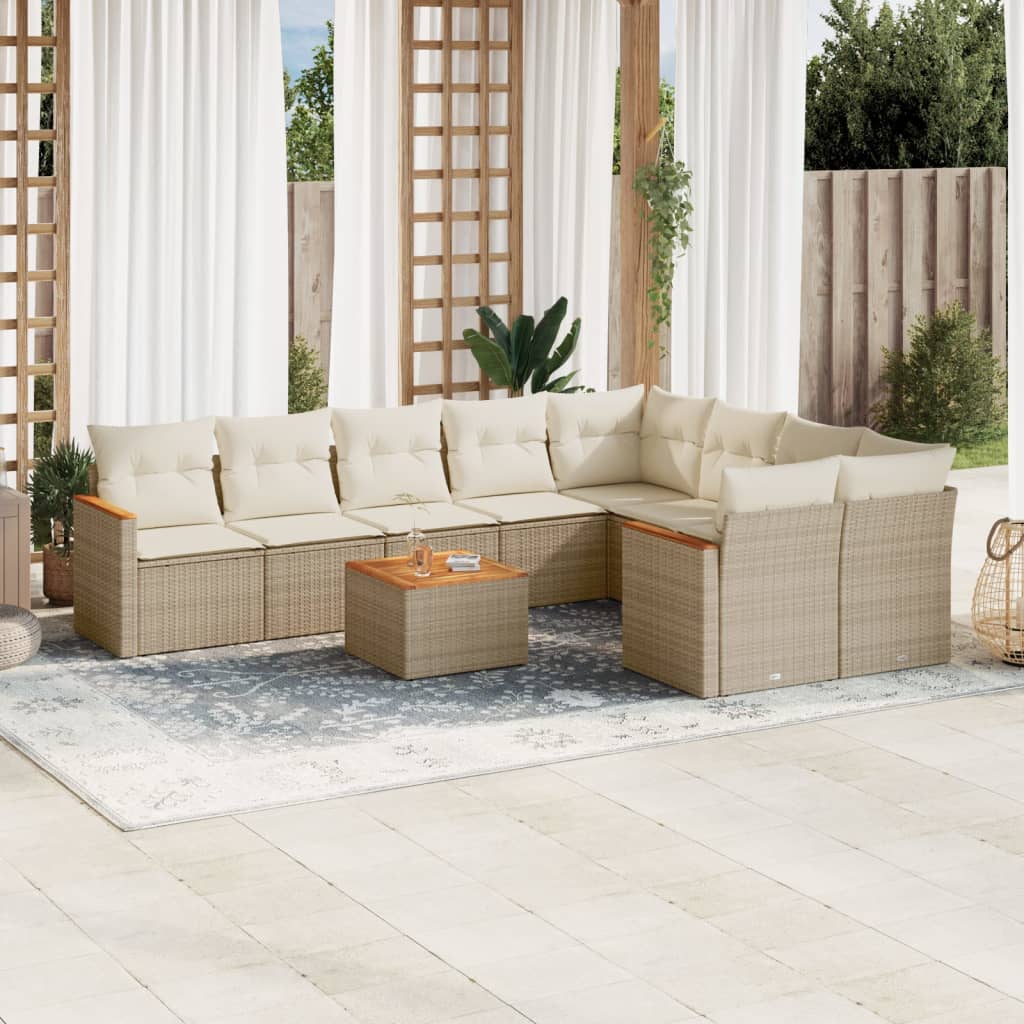 10-delige Loungeset met kussens poly rattan beige – afbeelding 1
