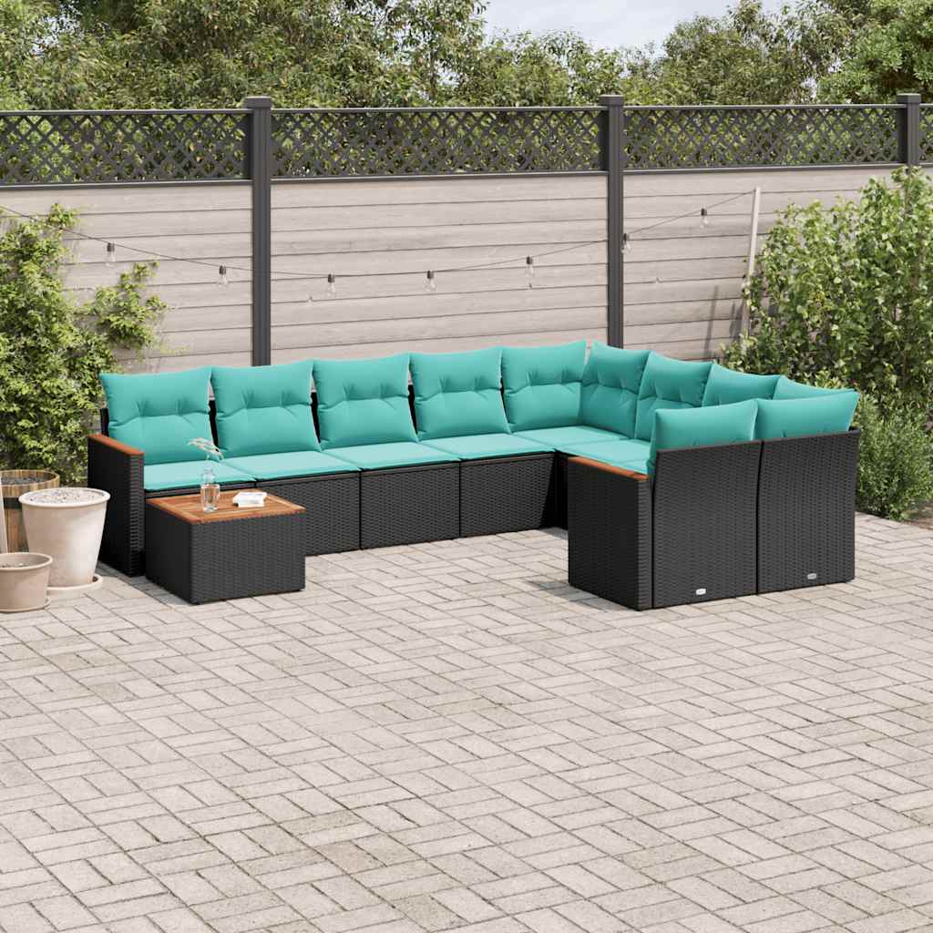 10-delige tuinbankset met kussens van zwart polyrotan – afbeelding 1