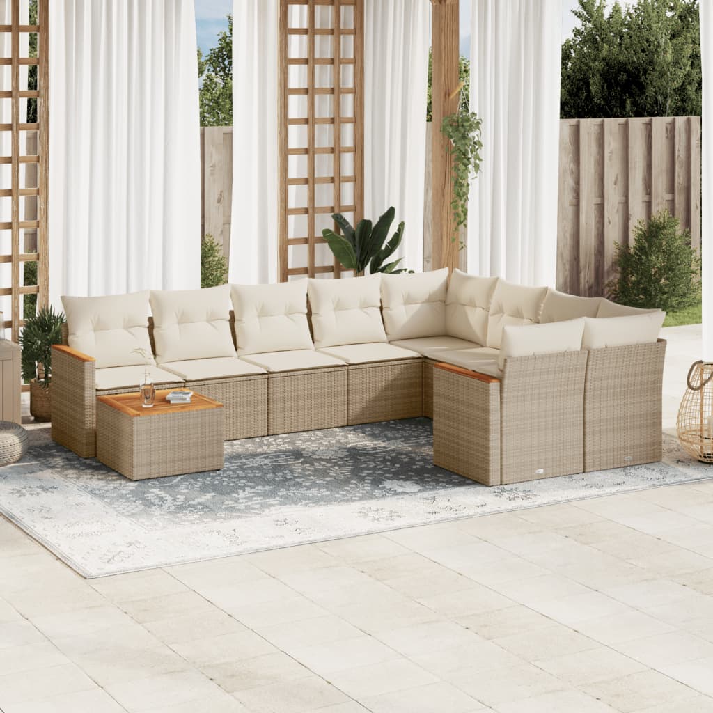 10-delige Loungeset met kussens poly rattan beige – afbeelding 1