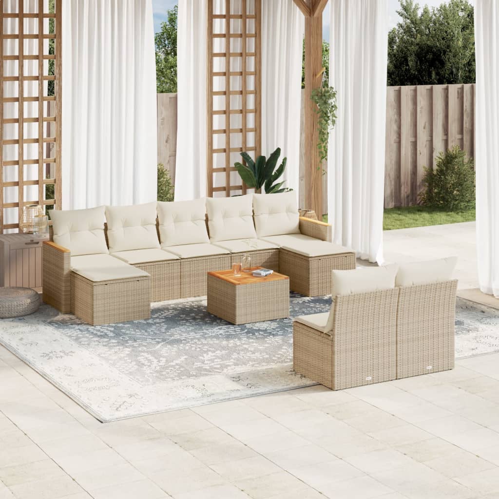 10-delige Loungeset met kussens poly rattan beige – afbeelding 1
