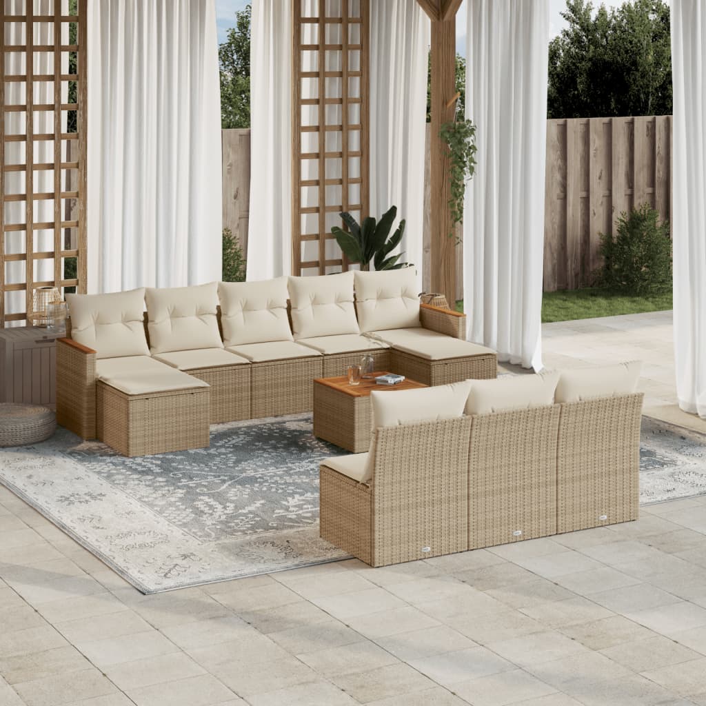 11-delige Tuinset met kussens poly rattan beige – afbeelding 1