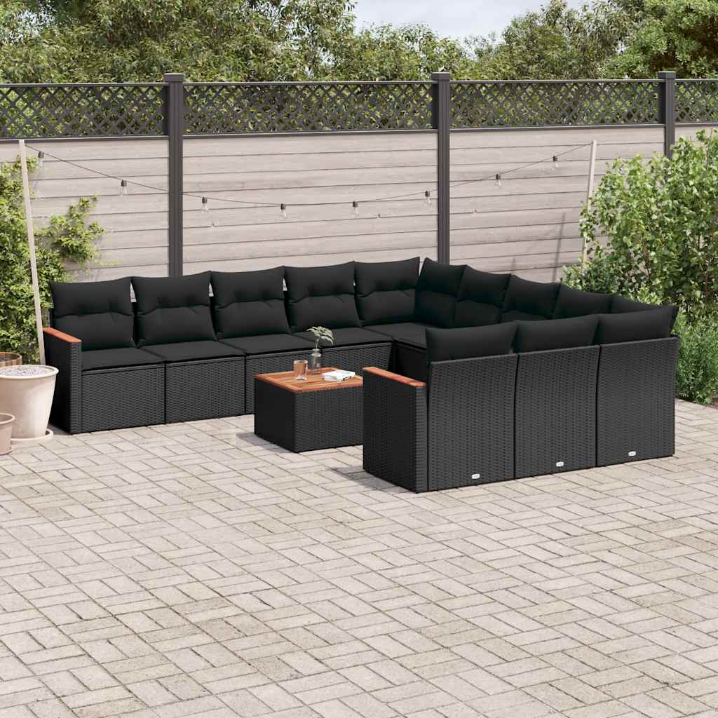 12-delige Loungeset met kussens poly rattan zwart – afbeelding 1