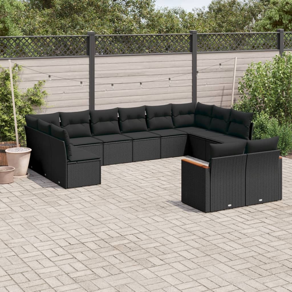 12-delige Loungeset met kussens poly rattan zwart – afbeelding 1