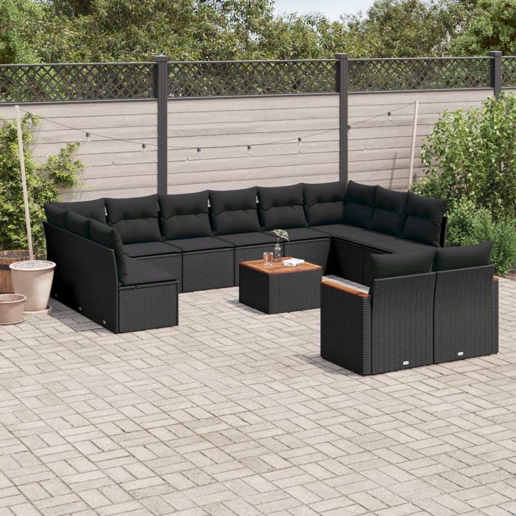 13-delige Loungeset met kussens poly rattan zwart – afbeelding 1