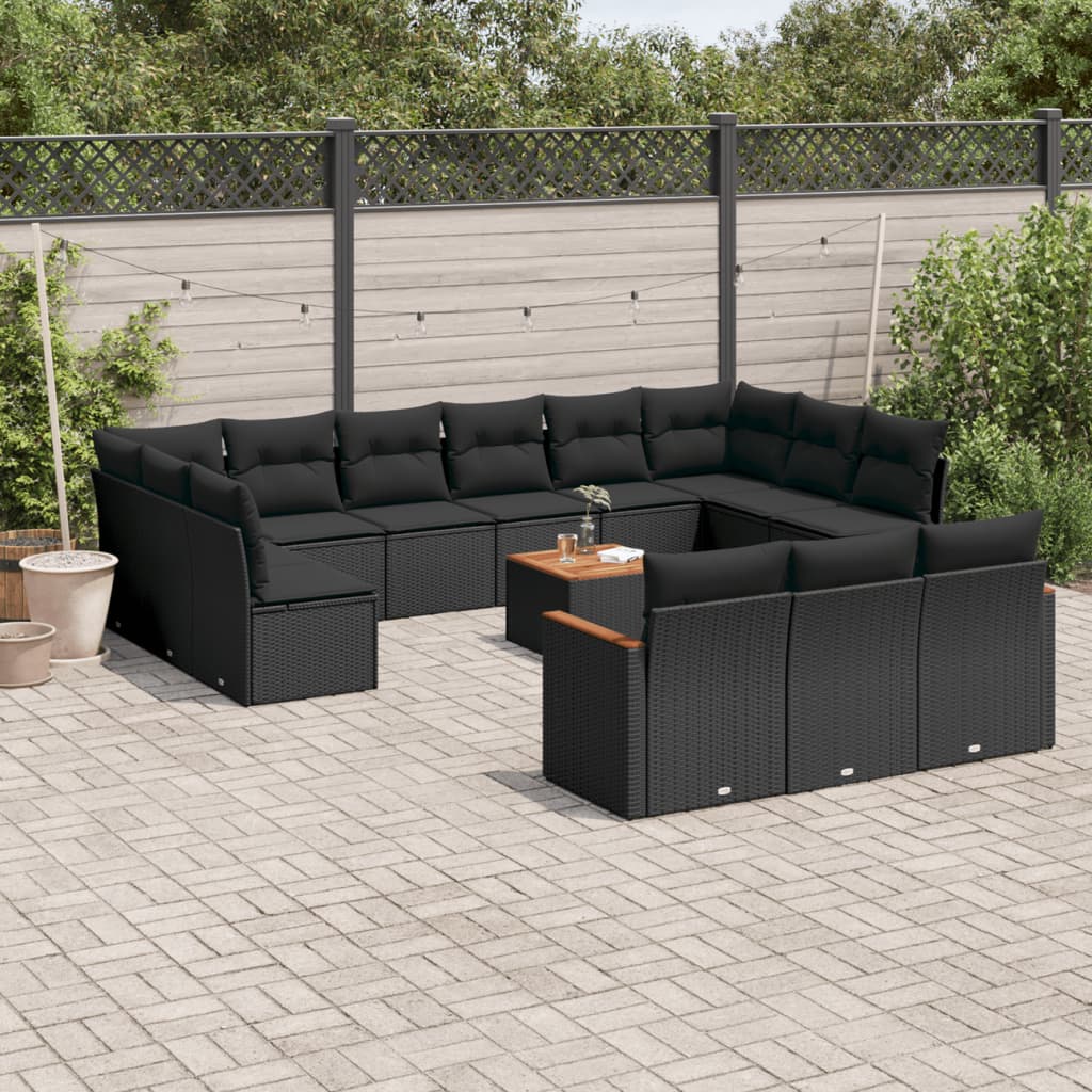 14-delige Loungeset met kussens poly rattan zwart – afbeelding 1