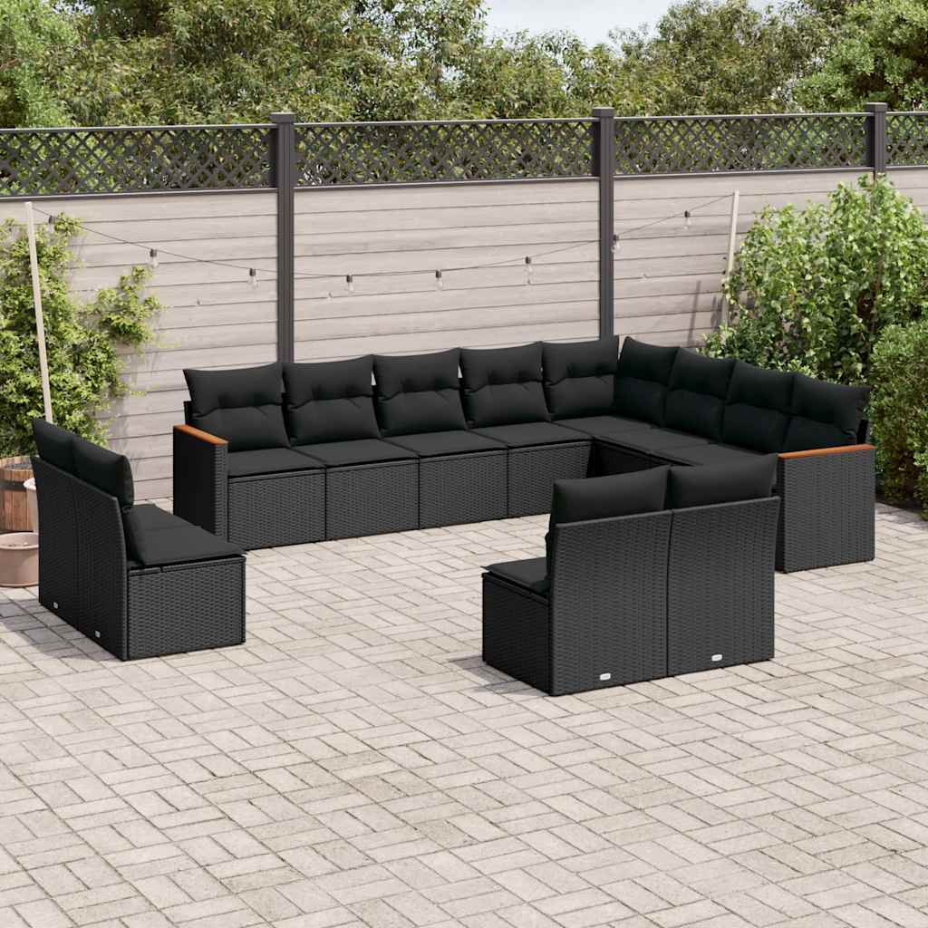 12-delige Loungeset met kussens poly rattan zwart – afbeelding 1