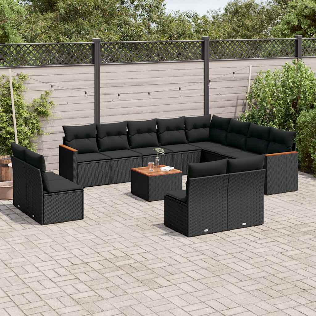 13-delige Loungeset met kussens poly rattan zwart – afbeelding 1