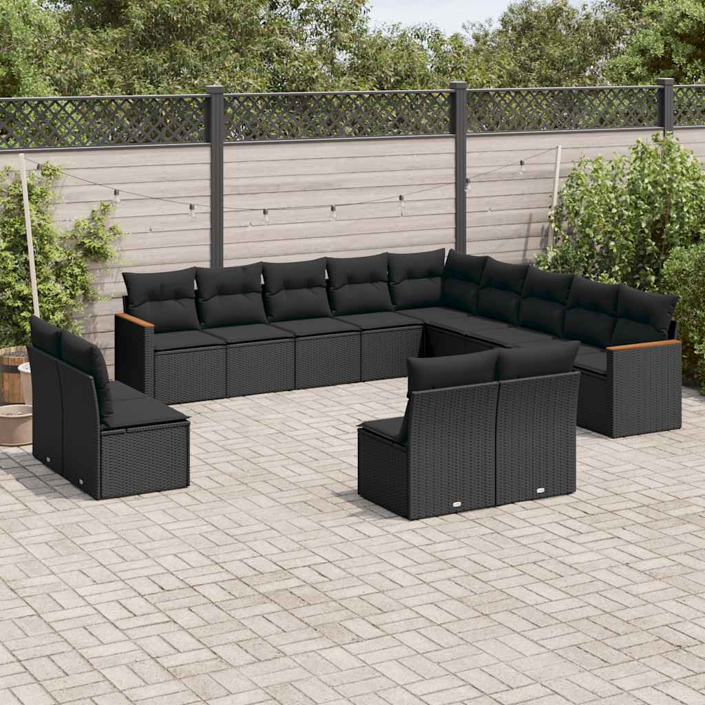 13-delige Loungeset met kussens poly rattan zwart – afbeelding 1