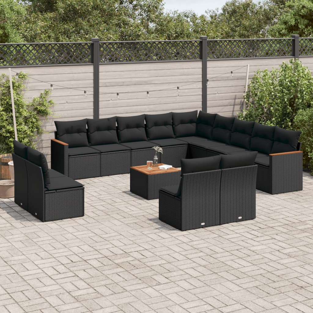 14-delige Loungeset met kussens poly rattan zwart – afbeelding 1