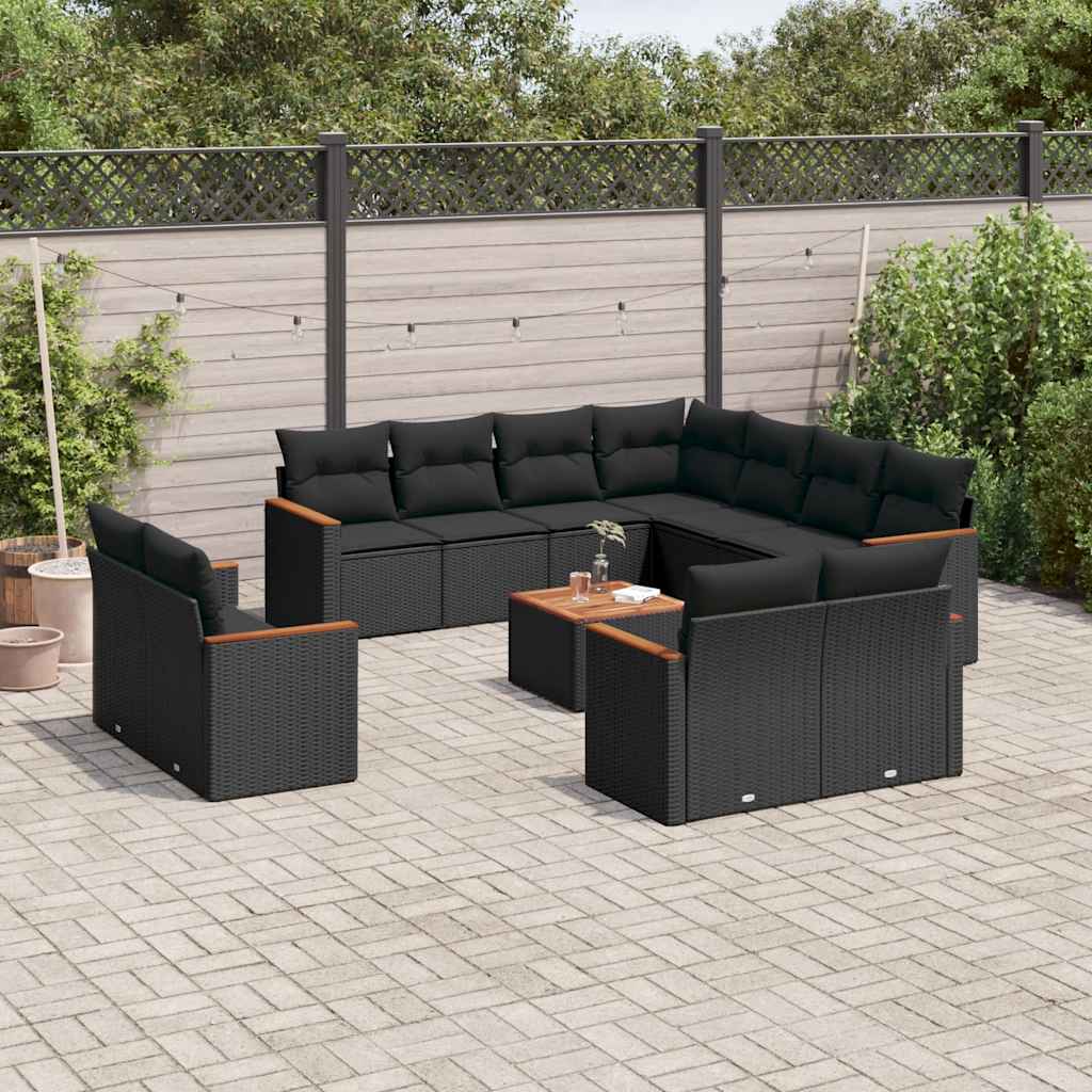 12-delige Loungeset met kussens poly rattan zwart – afbeelding 1
