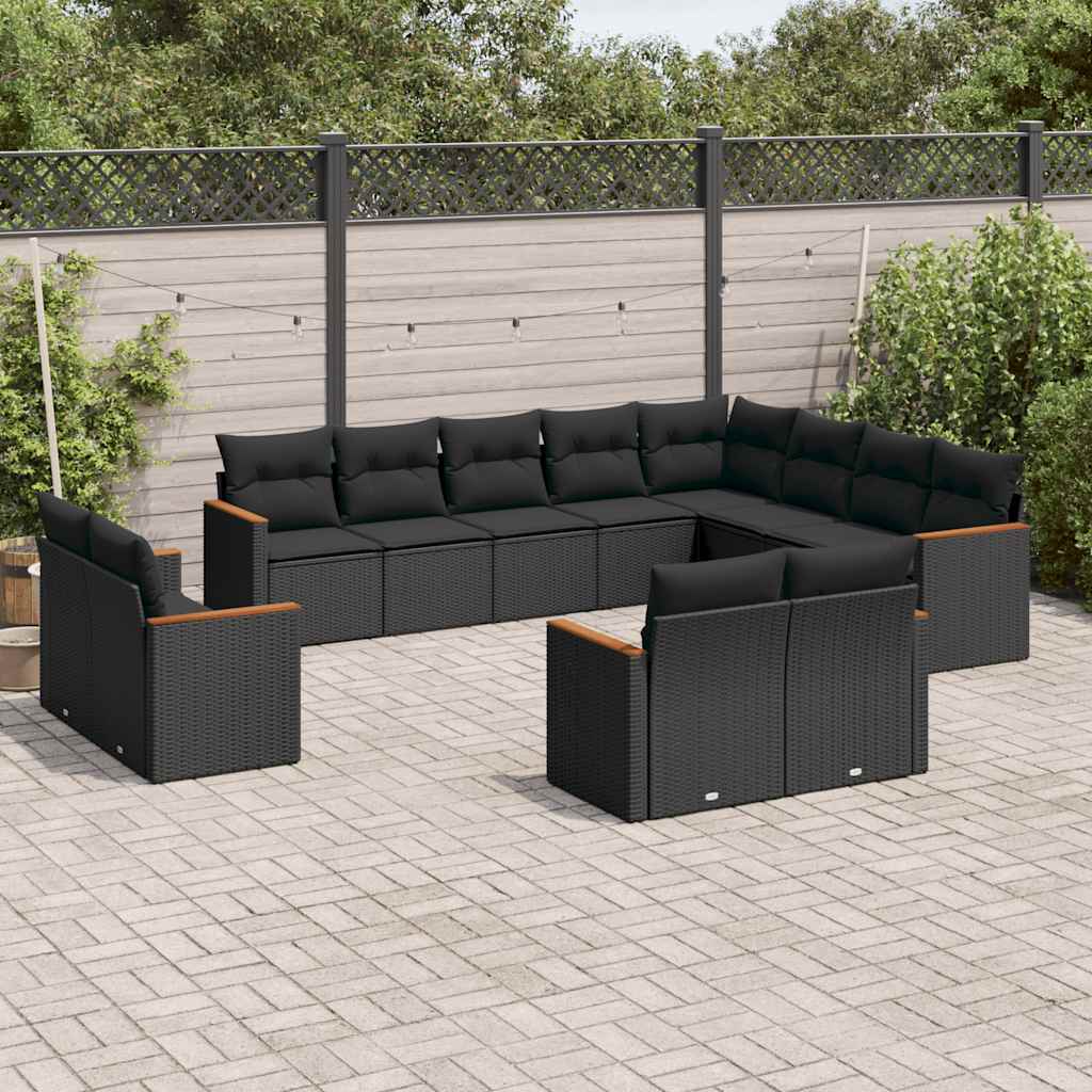 12-delige Loungeset met kussens poly rattan zwart – afbeelding 1