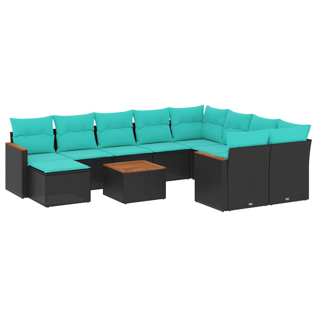 11-delige tuinbankset met kussens, zwart polyrotan – afbeelding 1