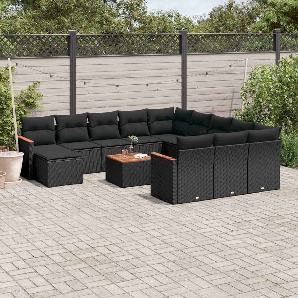 13-delige Loungeset met kussens poly rattan zwart – afbeelding 1