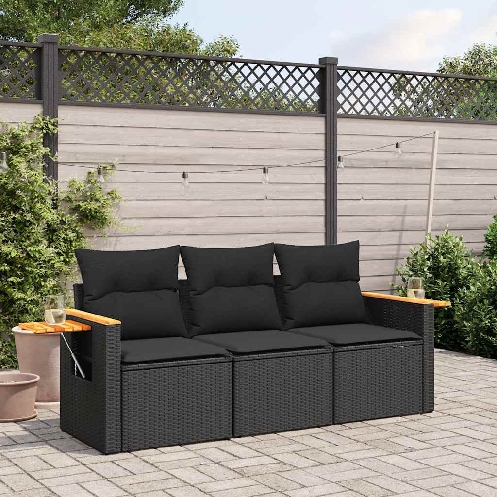 3-delige Loungeset met kussens poly rattan zwart – afbeelding 1