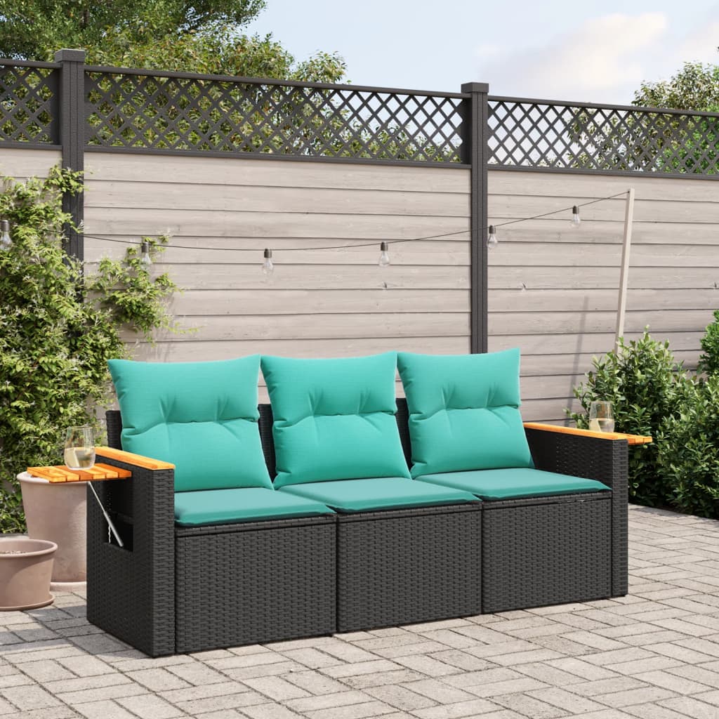 3-delige Loungeset met kussens poly rattan zwart – afbeelding 1