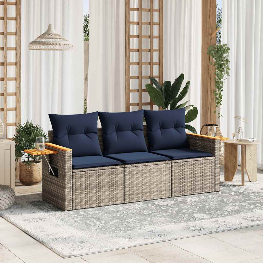 3-delige Loungeset met kussens poly rattan grijs