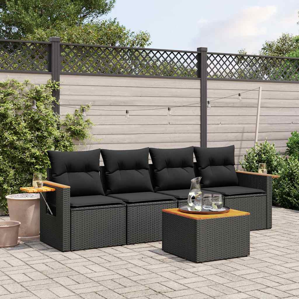 5-delige Loungeset met kussens poly rattan zwart – afbeelding 1