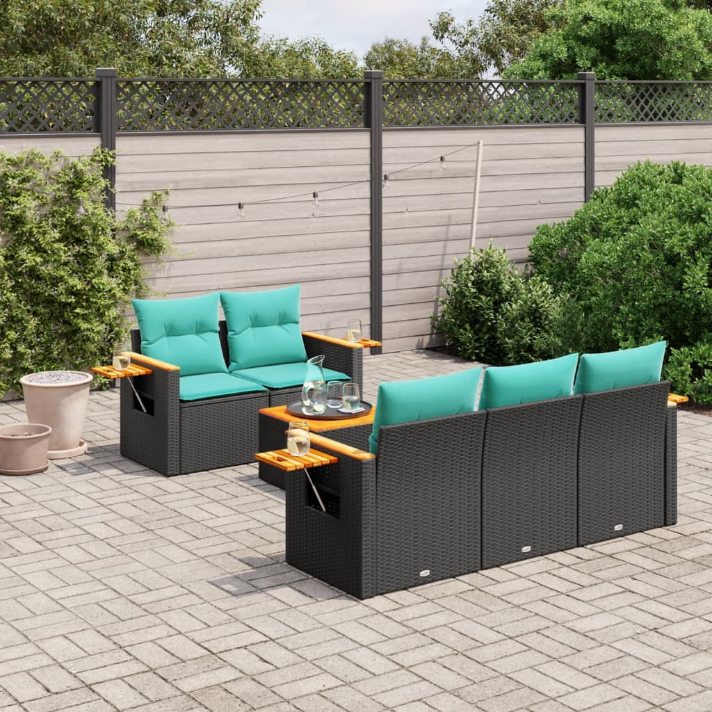 6-delige Loungeset met kussens poly rattan zwart – afbeelding 1