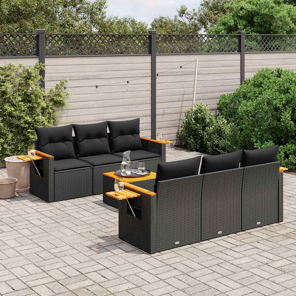 7-delige Loungeset met kussens poly rattan zwart – afbeelding 1