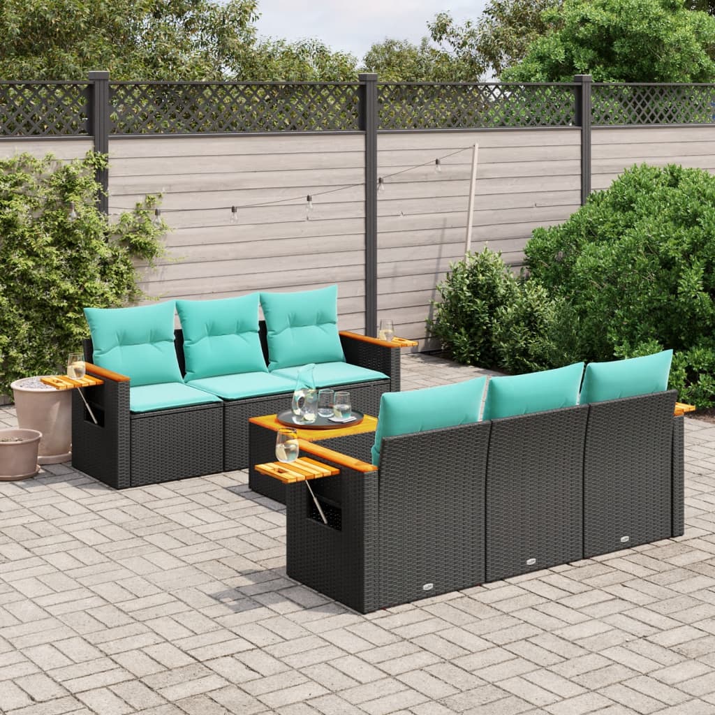 7-delige Loungeset met kussens poly rattan zwart – afbeelding 1