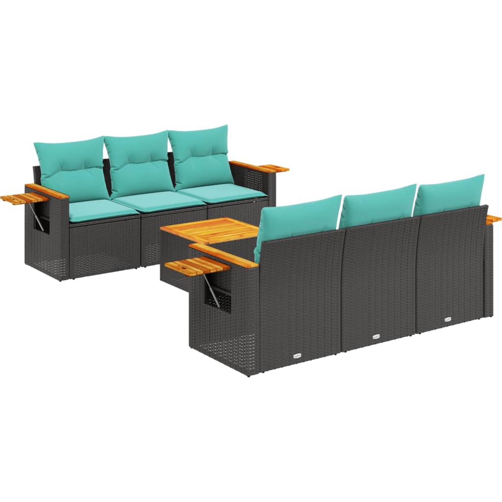 7-delige Loungeset met kussens poly rattan zwart – afbeelding 2
