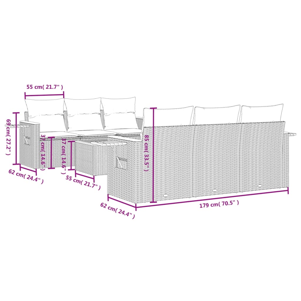 7-delige Loungeset met kussens poly rattan zwart – afbeelding 8