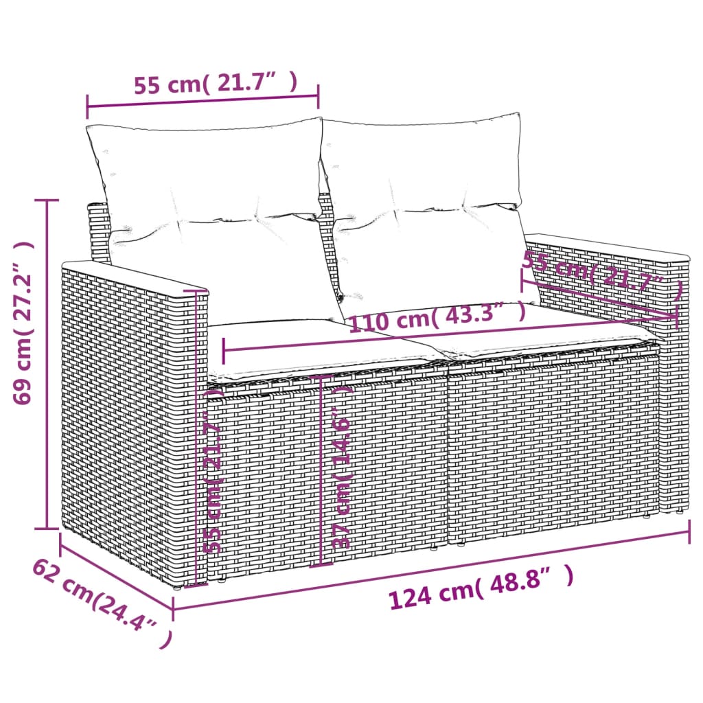 7-delige Loungeset met kussens poly rattan zwart – afbeelding 9