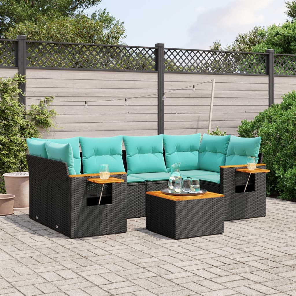 7-delige Loungeset met kussens poly rattan zwart – afbeelding 1