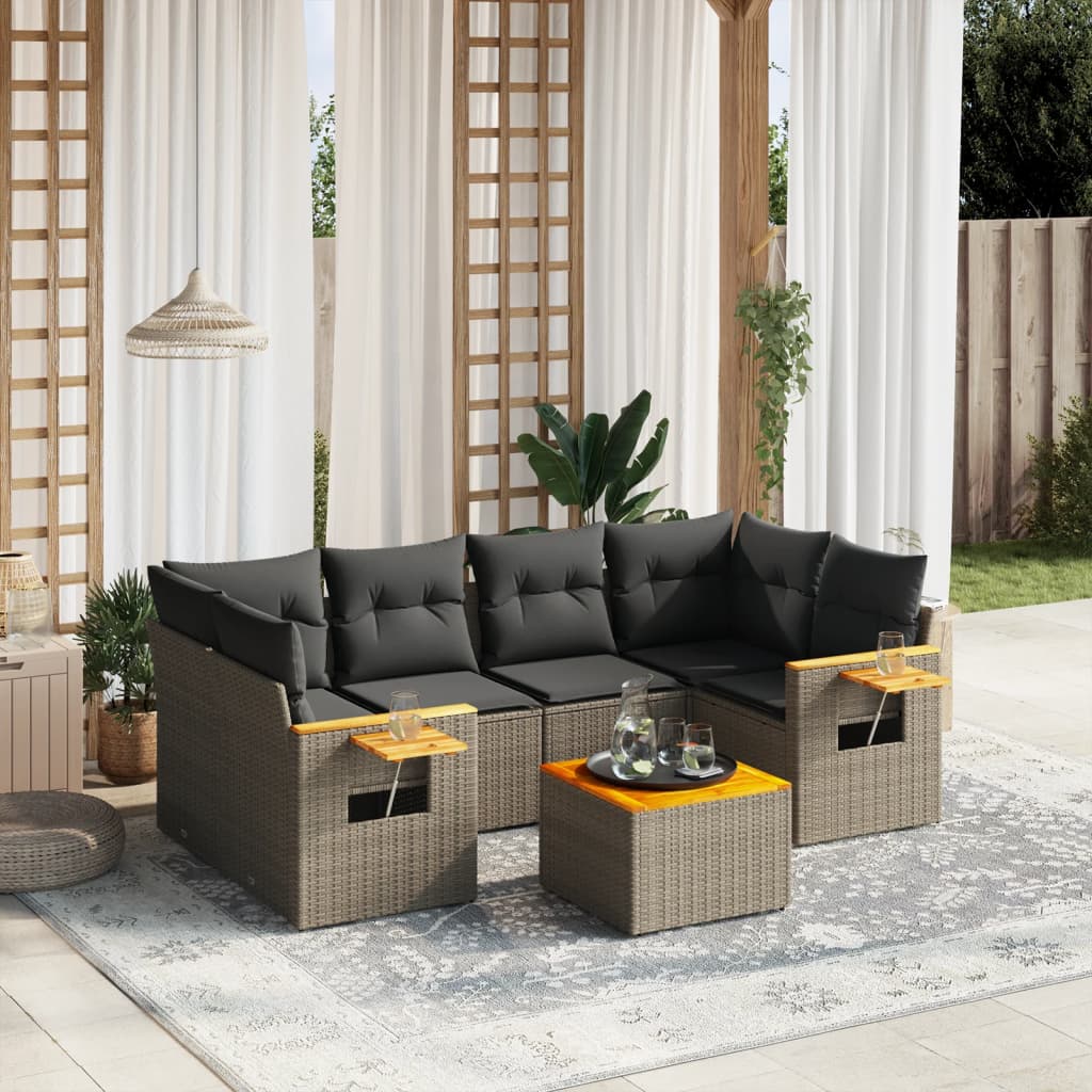 7-delige Loungeset met kussens poly rattan grijs – afbeelding 1