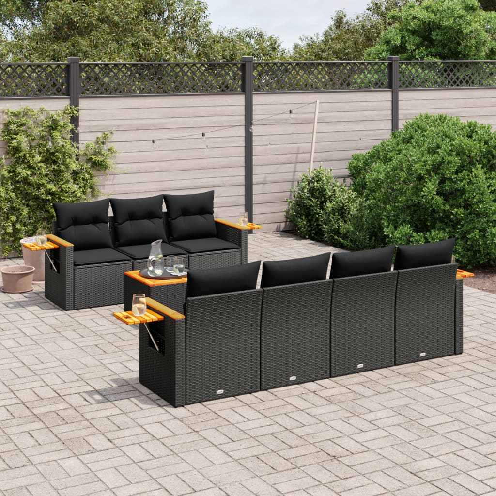 8-delige Loungeset met kussens poly rattan zwart – afbeelding 1