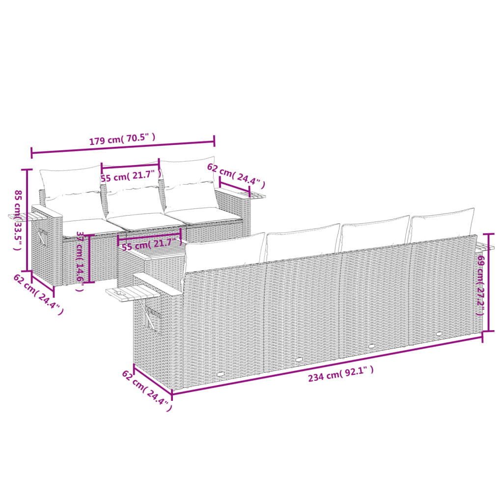 8-delige Loungeset met kussens poly rattan zwart – afbeelding 8