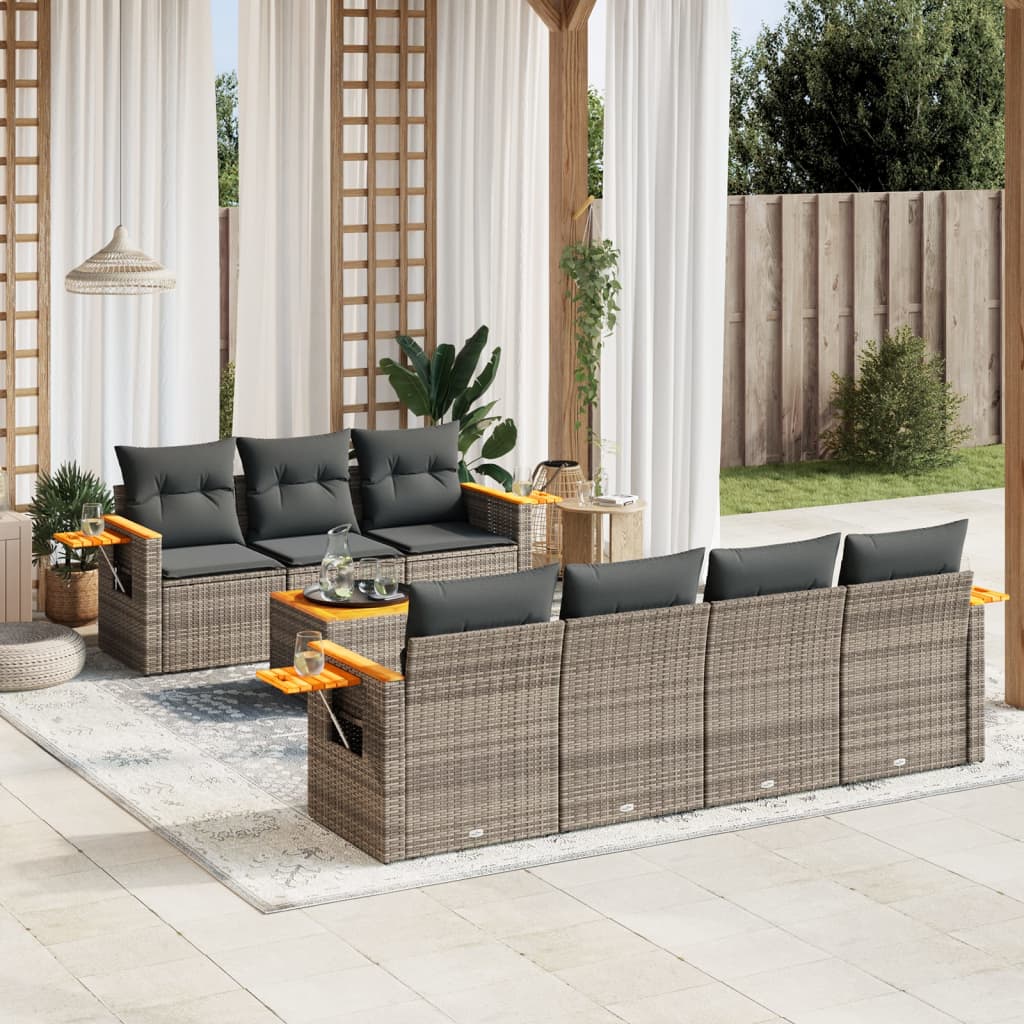 8-delige Loungeset met kussens poly rattan grijs – afbeelding 1
