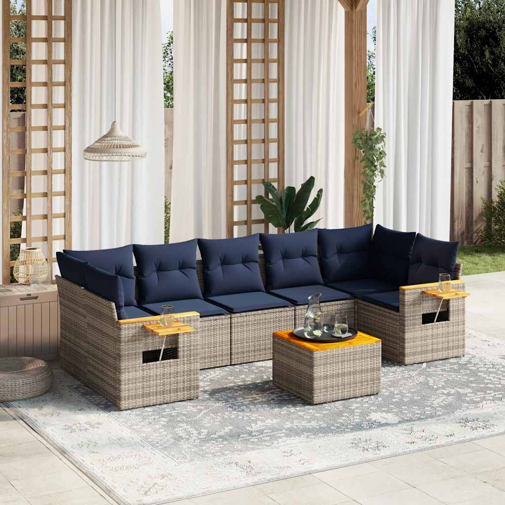 8-delige Loungeset met kussens poly rattan grijs – afbeelding 1