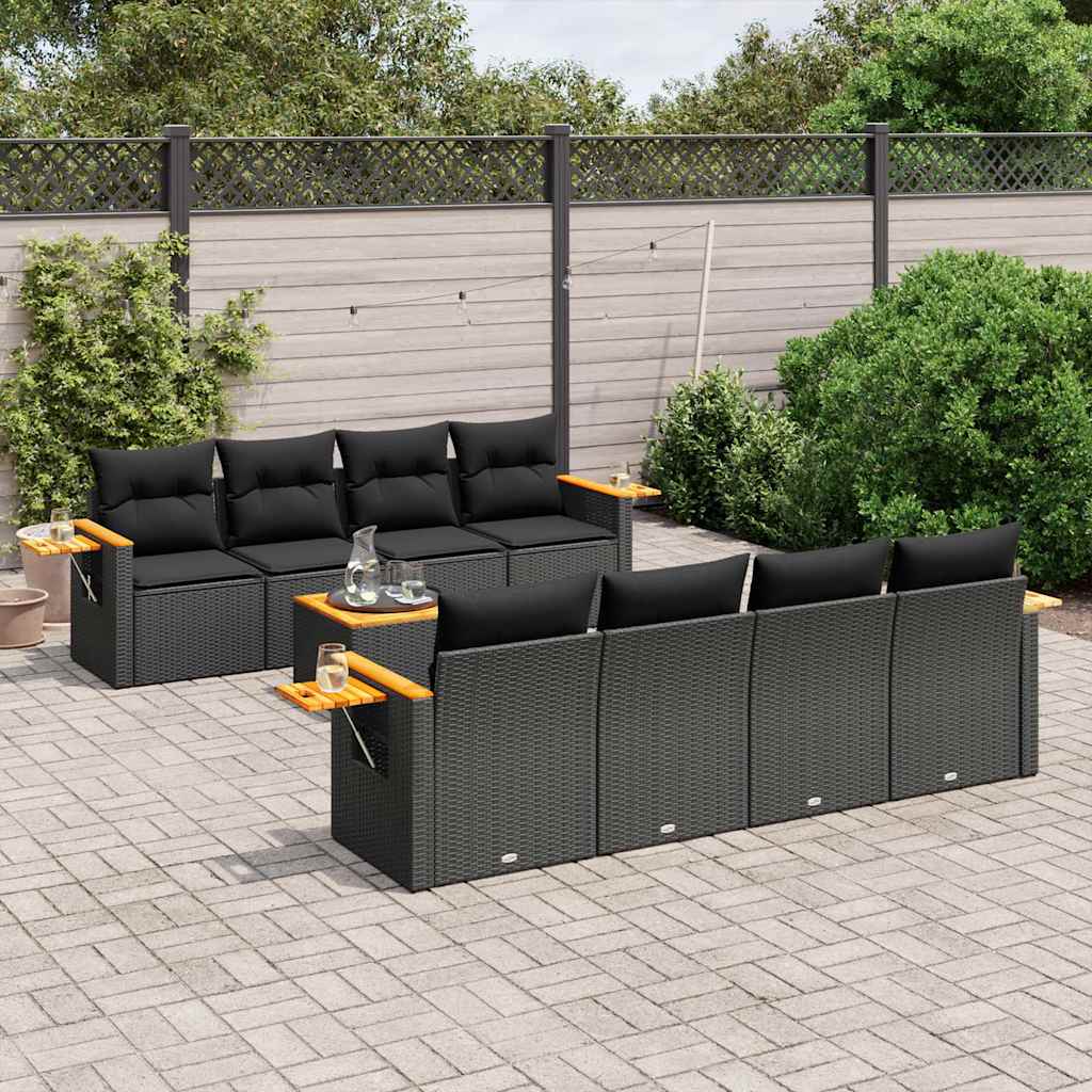 9-delige Loungeset met kussens poly rattan zwart – afbeelding 1