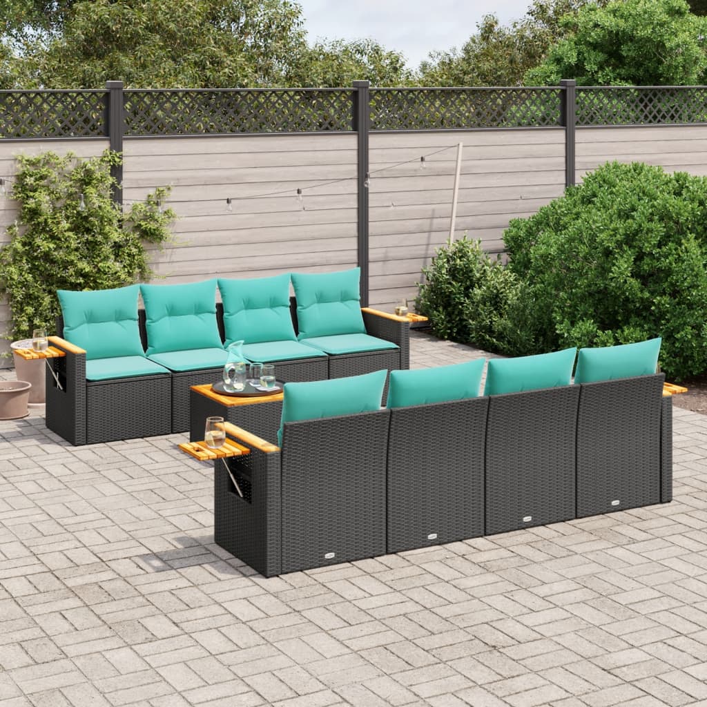 9-delige Loungeset met kussens poly rattan zwart